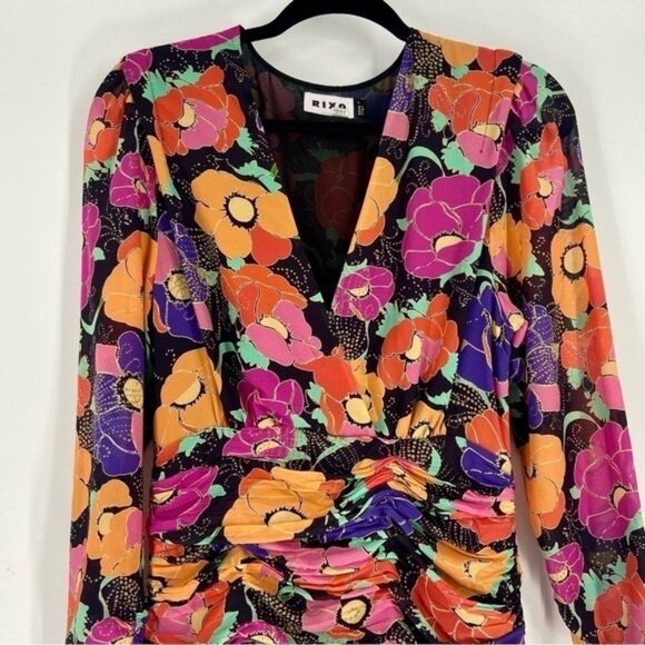 RIXO FLORALPRINTED EMPIRE MINI DRESS WITH GLITTER M - Picture 9 of 14